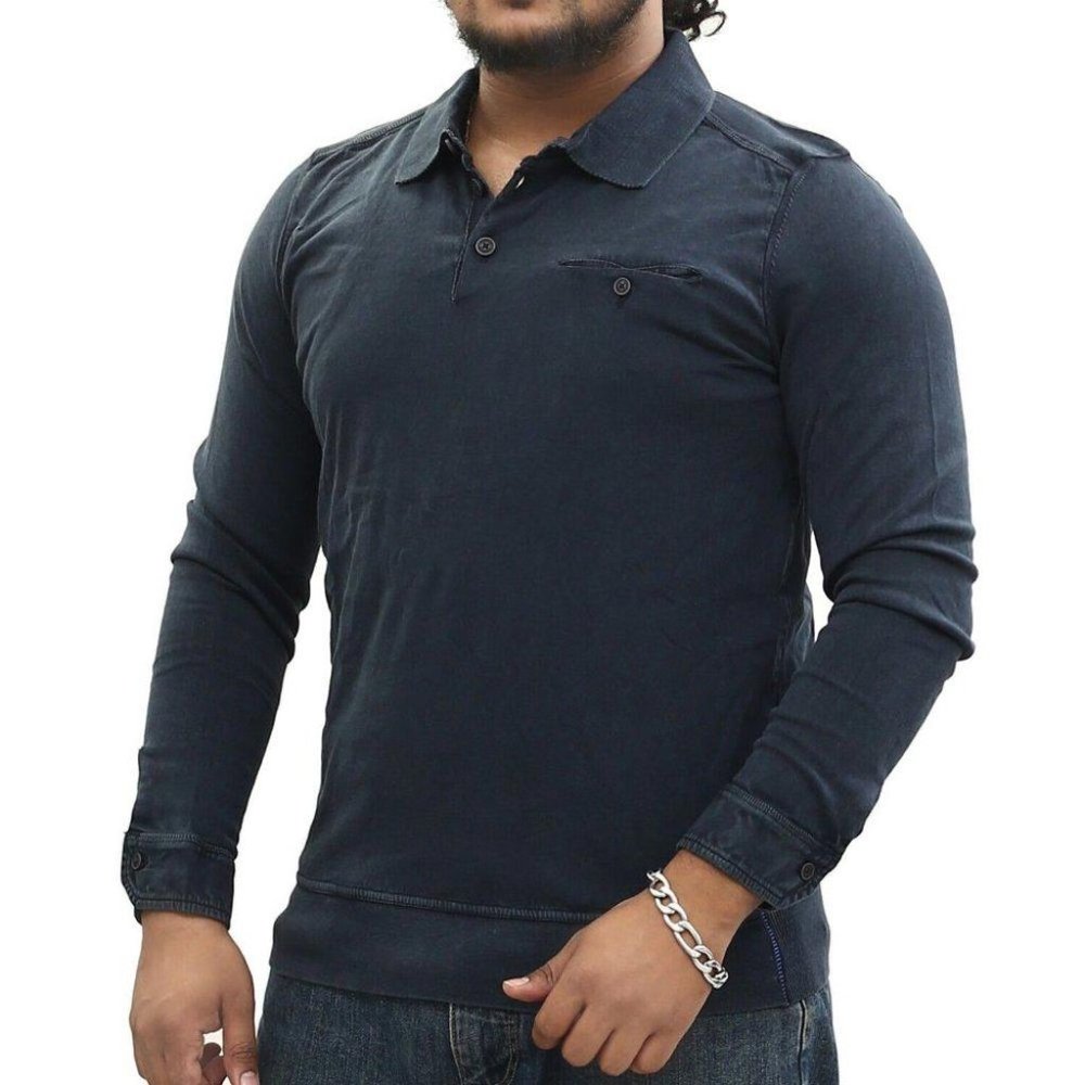 Napapijri Solid Polo T-Shirt Men's Navy Collared Cotton Long Sleeve S New